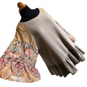Umgee M Boho Waffle Knit Blouse With Floral Bell Sleeves & Tiered Hem